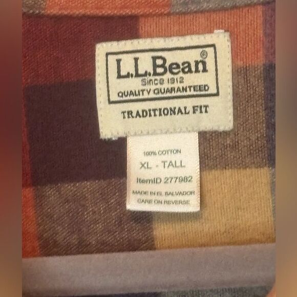 L.L. Bean EUC red/beige/blue plaid cotton flannel button shirt down Size XL tall - Picture 4 of 5